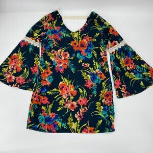 PINK OWL Women's Shift Dress Size S Floral Bell Sleeve Mini Boho Summer